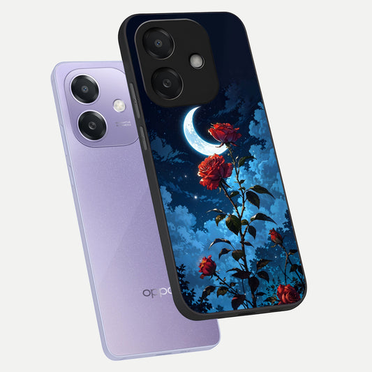 Crimson Rose Moon phone case For Oppo A3x 5G showing premium glass back cover with detailed artwork