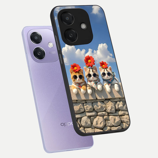 Floral Kitty Squad phone case For Oppo A3x 5G showing premium glass back cover with detailed artwork