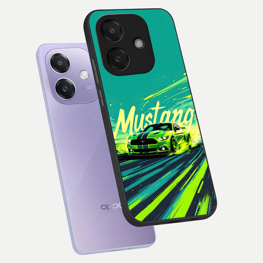 Mustang Bang phone case For Oppo A3x 5G showing premium glass back cover with detailed artwork