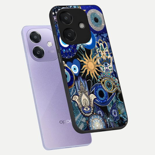 Mystic Blue Evil Eye phone case For Oppo A3x 5G showing premium glass back cover with detailed artwork