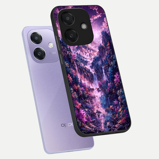 Mystic Cascade Peaks phone case For Oppo A3x 5G showing premium glass back cover with detailed artwork