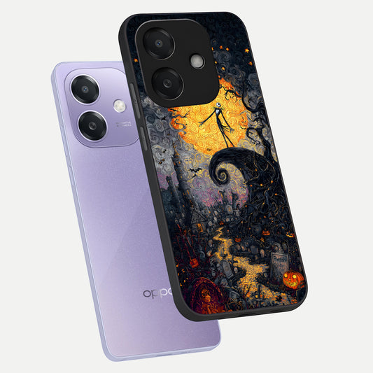 Pumpkin Moon Night phone case For Oppo A3x 5G showing premium glass back cover with detailed artwork