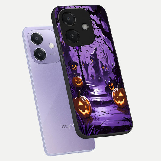 Pumpkin Patch Halloween phone case For Oppo A3x 5G showing premium glass back cover with detailed artwork
