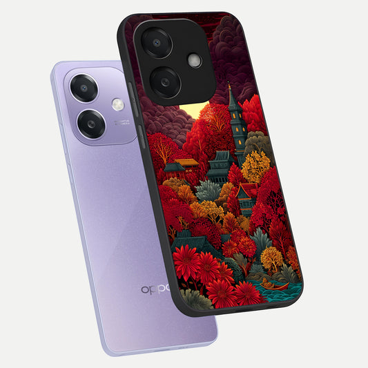 Scarlet Autumn Temple phone case For Oppo A3x 5G showing premium glass back cover with detailed artwork