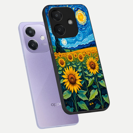 Starry Sunflower Dreams phone case For Oppo A3x 5G showing premium glass back cover with detailed artwork