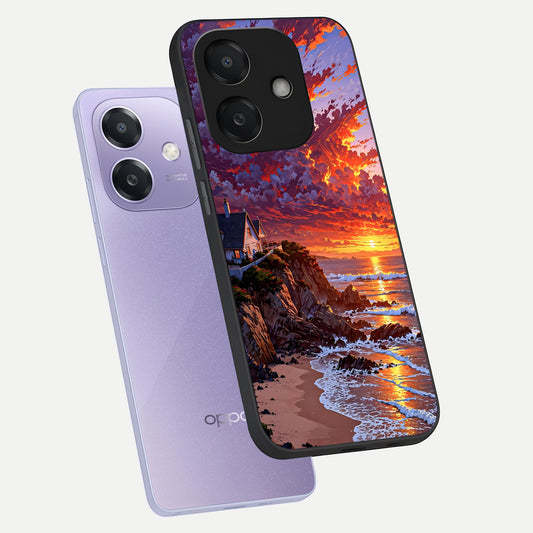 Sunset House By Sea phone case For Oppo A3x 5G showing premium glass back cover with detailed artwork