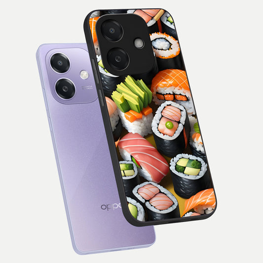 Sushi Food Pattern phone case For Oppo A3x 5G showing premium glass back cover with detailed artwork