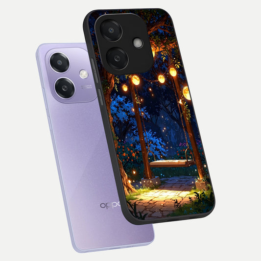Twilight Garden Swing phone case For Oppo A3x 5G showing premium glass back cover with detailed artwork