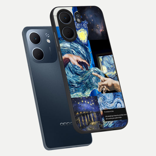 Aesthetic Vando Hands phone case For Oppo A5x 5G showing premium glass back cover with detailed artwork