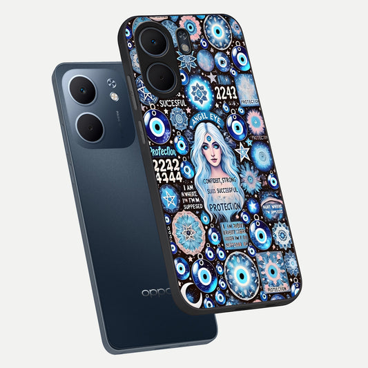 Angel Aura Shield phone case For Oppo A5x 5G showing premium glass back cover with detailed artwork