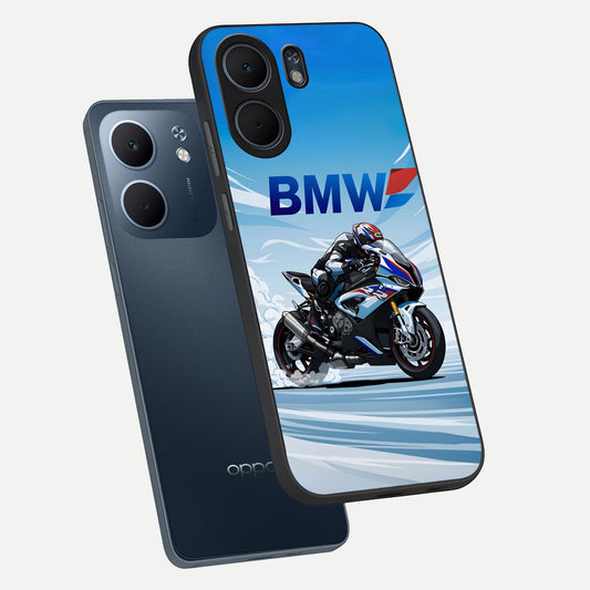BMW Power Drift phone case For Oppo A5x 5G showing premium glass back cover with detailed artwork