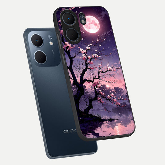 Blossom Pink Moon phone case For Oppo A5x 5G showing premium glass back cover with detailed artwork