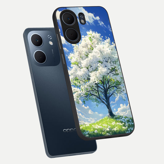 Blossom Sky Serenity phone case For Oppo A5x 5G showing premium glass back cover with detailed artwork