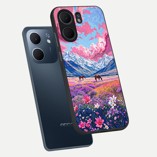 Blossom Valley Dream phone case For Oppo A5x 5G showing premium glass back cover with detailed artwork