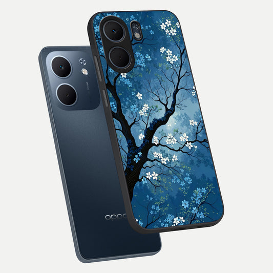 Blue Tree Serenity phone case For Oppo A5x 5G showing premium glass back cover with detailed artwork