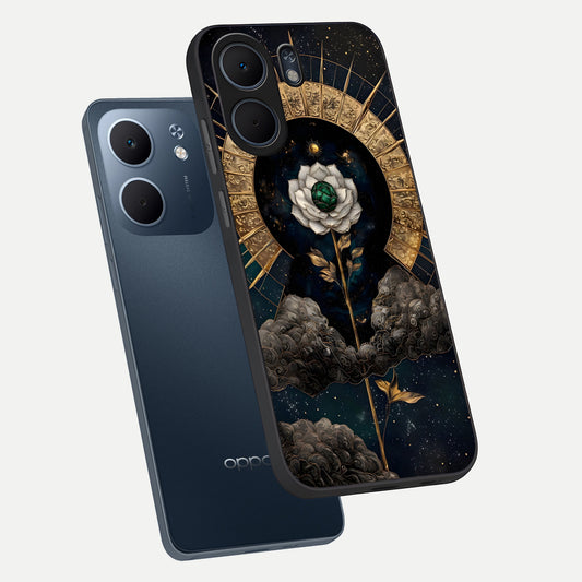 Celestial Lotus Morang phone case For Oppo A5x 5G showing premium glass back cover with detailed artwork