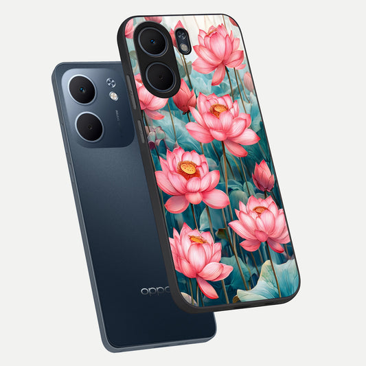 Celestial Pink Lotus phone case For Oppo A5x 5G showing premium glass back cover with detailed artwork
