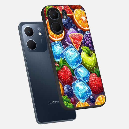 Colorful Fruits with Ice phone case For Oppo A5x 5G showing premium glass back cover with detailed artwork