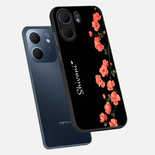 Crimson Bloom Grace Custom Name phone case For Oppo A5x 5G showing premium glass back cover with detailed artwork