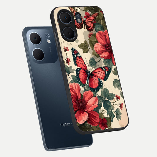 Crimson Butterfly Garden phone case For Oppo A5x 5G showing premium glass back cover with detailed artwork