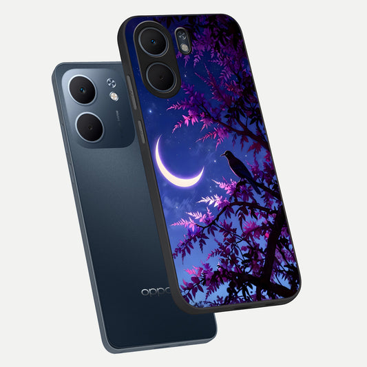 Crow And Moon Scenery phone case For Oppo A5x 5G showing premium glass back cover with detailed artwork