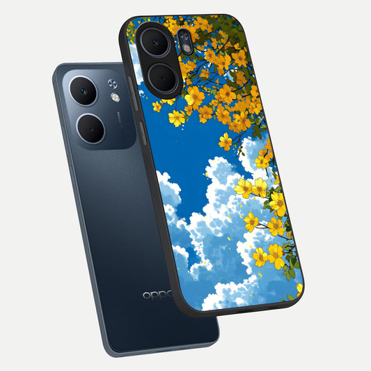 Golden Petal Sky phone case For Oppo A5x 5G showing premium glass back cover with detailed artwork
