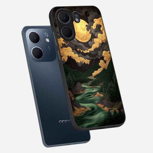 Golden River Moon phone case For Oppo A5x 5G showing premium glass back cover with detailed artwork