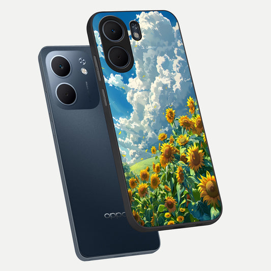 Golden Sun Glory phone case For Oppo A5x 5G showing premium glass back cover with detailed artwork