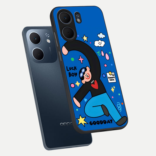 Happy Luck Vibe phone case For Oppo A5x 5G showing premium glass back cover with detailed artwork