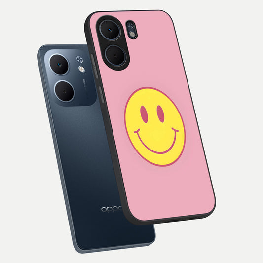 Happy Pink Mood phone case For Oppo A5x 5G showing premium glass back cover with detailed artwork