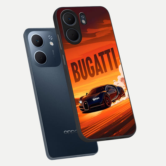 Inferno Bugatti Storm phone case For Oppo A5x 5G showing premium glass back cover with detailed artwork