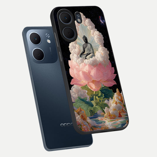 Lotus Divine Peace phone case For Oppo A5x 5G showing premium glass back cover with detailed artwork