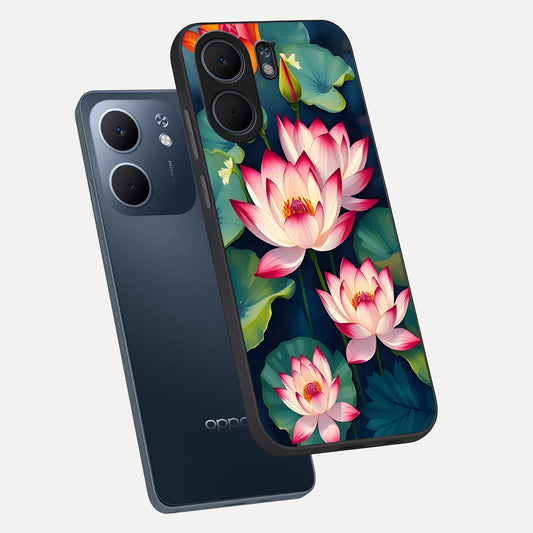 Lotus Dream Serenity phone case For Oppo A5x 5G showing premium glass back cover with detailed artwork