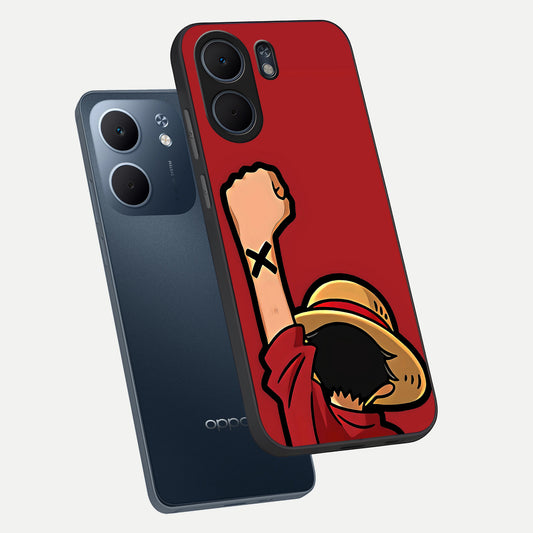 Luffy X Spirit phone case For Oppo A5x 5G showing premium glass back cover with detailed artwork