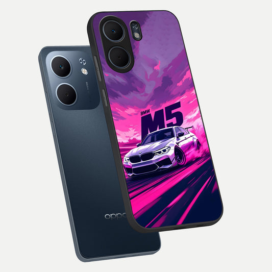 MS Neon Car phone case For Oppo A5x 5G showing premium glass back cover with detailed artwork