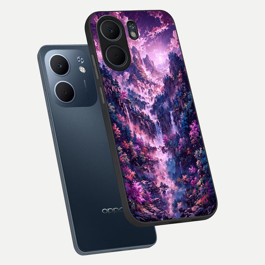 Mystic Cascade Peaks phone case For Oppo A5x 5G showing premium glass back cover with detailed artwork