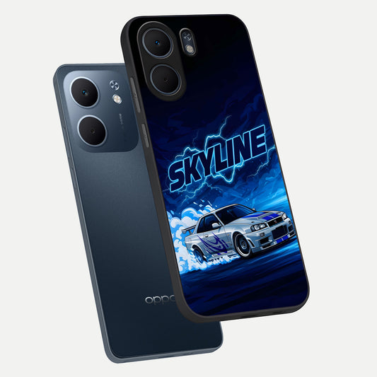 Neon Drift Beast phone case For Oppo A5x 5G showing premium glass back cover with detailed artwork