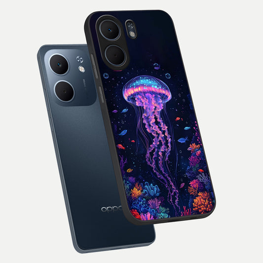 Neon Jellyfish phone case For Oppo A5x 5G showing premium glass back cover with detailed artwork