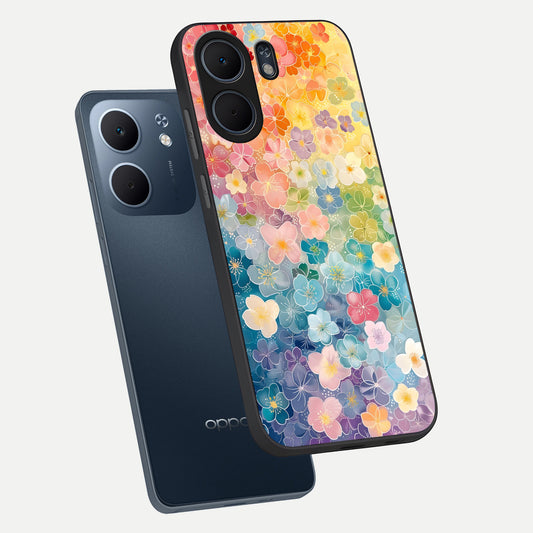 Rainbow Blossom Burst phone case For Oppo A5x 5G showing premium glass back cover with detailed artwork
