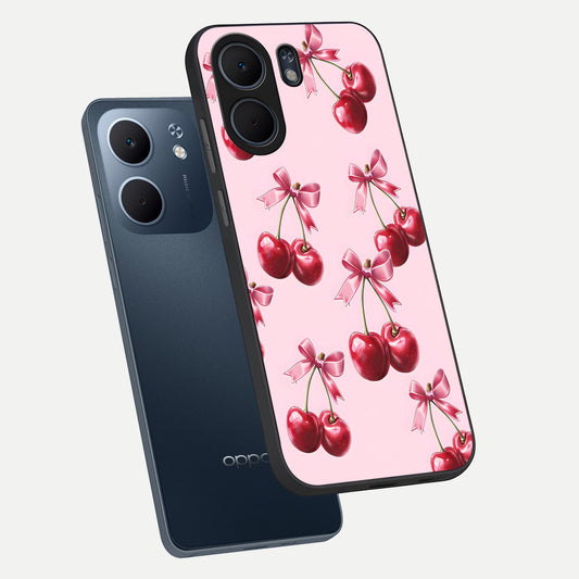Red Cherries Pattern phone case For Oppo A5x 5G showing premium glass back cover with detailed artwork
