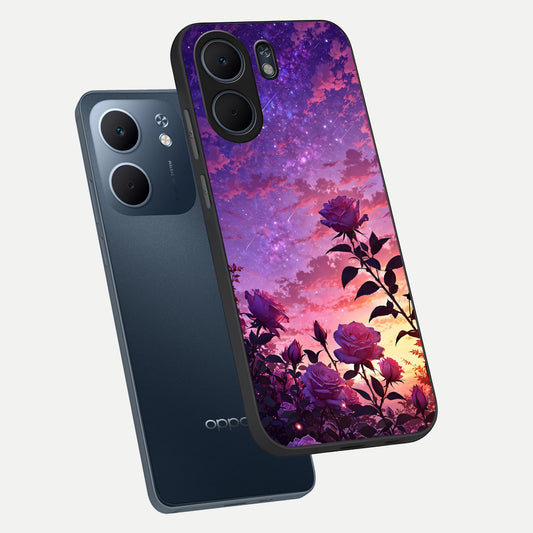 Starlit Rose Twilight phone case For Oppo A5x 5G showing premium glass back cover with detailed artwork