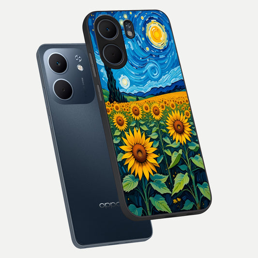 Starry Sunflower Dreams phone case For Oppo A5x 5G showing premium glass back cover with detailed artwork