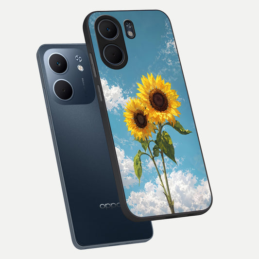 Sunlit Daisy Glow phone case For Oppo A5x 5G showing premium glass back cover with detailed artwork