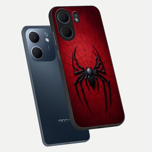 Superhero Web Emblem phone case For Oppo A5x 5G showing premium glass back cover with detailed artwork