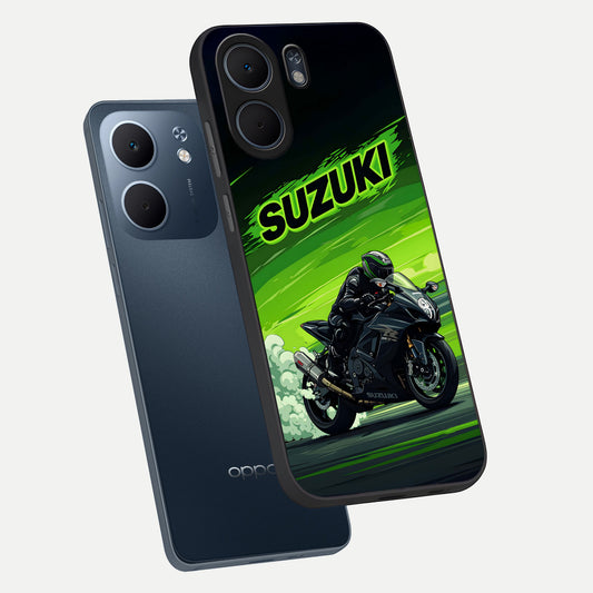 Suzuki Speed Beast phone case For Oppo A5x 5G showing premium glass back cover with detailed artwork
