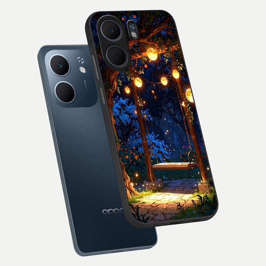 Twilight Garden Swing phone case For Oppo A5x 5G showing premium glass back cover with detailed artwork