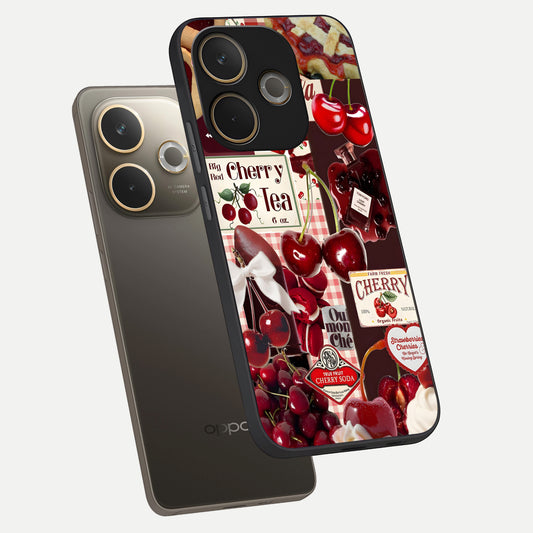 Aesthetic Cherry Tea phone case For Oppo A5 Pro showing premium glass back cover with detailed artwork