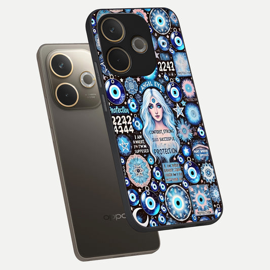 Angel Aura Shield phone case For Oppo A5 Pro showing premium glass back cover with detailed artwork