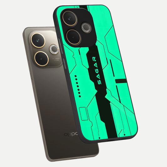 Aqua Tech CYBERPUNK Custom Name phone case For Oppo A5 Pro showing premium glass back cover with detailed artwork