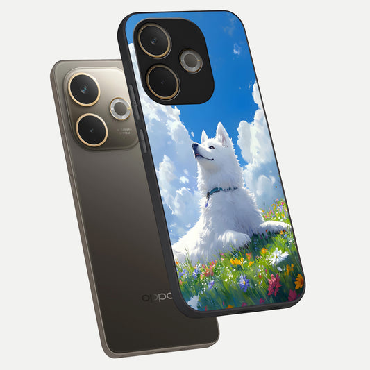 Blissful Cloud Pup phone case For Oppo A5 Pro showing premium glass back cover with detailed artwork